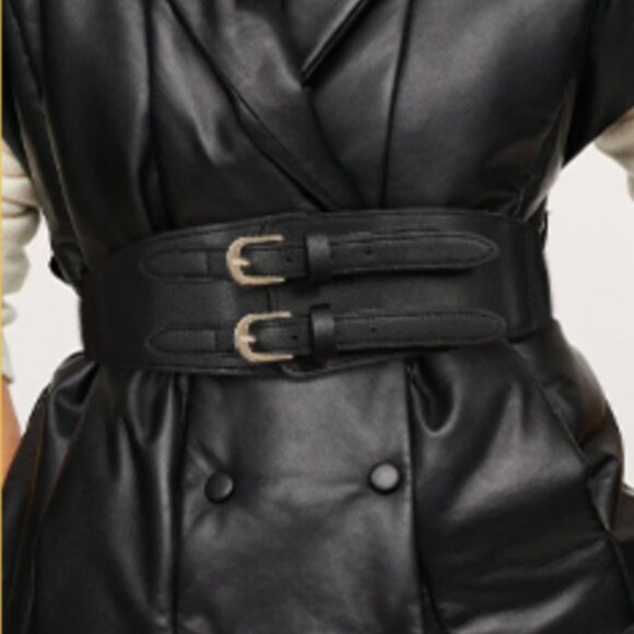 Black Metal Buckle Faux Leather Corset Waistband Elastic Cincher Belt Girdle - Picture 4 of 7